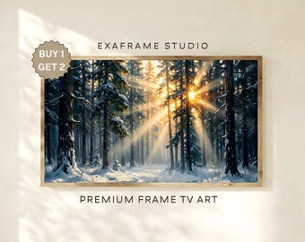 Arte para TV con marco de árboles nevados de hoja perenne: pintura de bosque invernal con rayos de sol dorados, acogedor paisaje rústico navideño para Samsung TV Art