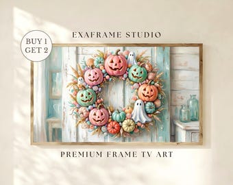 Pastel Halloween Wreath Painting Frame TV Art, Cute Ghost Jack o Lantern Pumpkin Art, Spooky Summeween Decor Samsung Frame TV Download