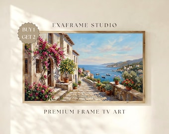 Mediterranean Coastal Village Frame TV Art | Amalfi Coast Landscape Vintage Oil Painting, Italian Summer Decor Samsung Digital Download