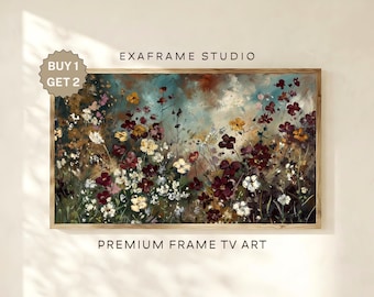 Marco vintage de flores silvestres burdeos para TV, pintura al óleo rústica de flores primaverales, protector de pantalla abstracto floral melancólico, decoración botánica oscura