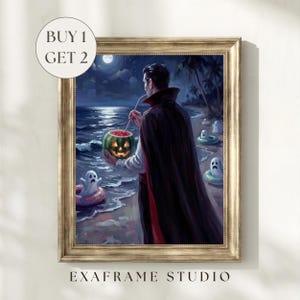 May include: A framed wall art print depicting a figure in a black cape standing on a beach at night, holding a glowing jack-o'-lantern with a straw. The scene features a full moon, dark ocean waves, and several small white ghosts floating in colorful inner tubes.
