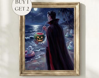 Summerween Dracula Print, Halloween in July Watermelon Jack o Lantern Ghost Vampire Painting, Spooky Summer Decor Halloween Digital Download
