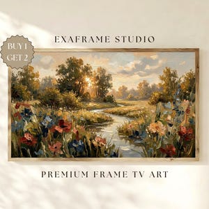 May include: A framed landscape painting with a river flowing through a field of colorful flowers. The artwork features a warm color palette with a sunset in the background. The text "EXAFRAME STUDIO" and "PREMIUM FRAME TV ART" are visible.