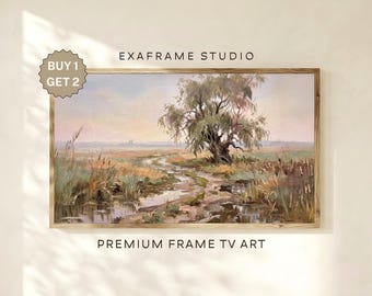 Willow Tree Painting Landscape Frame TV Art | Muted Green Meadow Moody Marsh Landscape Art, Rustic Farmhouse Nature Decor, Digital Download