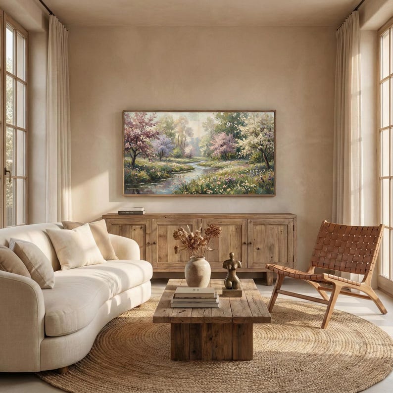 A cozy, sunlit rustic living room showcasing a muted green meadow spring artwork on a television screen mounted above a weathered wooden sideboard. A natural jute area rug, comfortable cream sofa, and leather accent chair complete the warm organic atmosphere. Bring the serene beauty of the outdoors into your home. Click to acquire this high-resolution digital screensaver.
