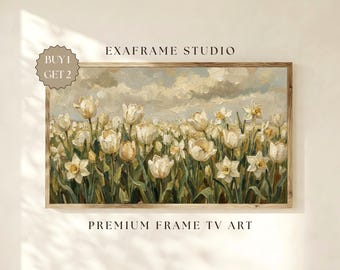 Vintage bloemen lente lijst tv-kunst | Witte tulp en narcis pastelbloemen landschapsolieverfschilderij, neutraal Pasen Cottagecore-decor