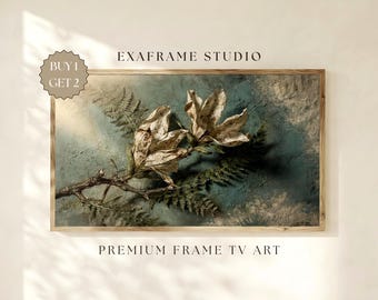 Marco de flores secas de magnolia blanca para TV / Pintura al óleo floral azul con pátina vintage melancólica, decoración rústica antigua estilo cottagecore, descarga instantánea