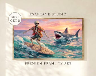 Summerween Halloween Surfing Skeleton Frame TV Art / Retro Skeleton Funny Shark Painting, Spooky Summer Samsung Frame TV Digital Download
