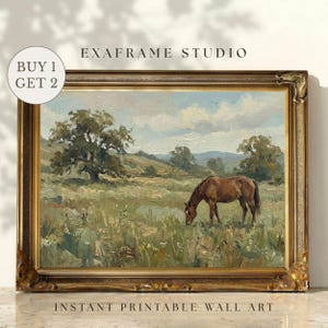 May include: A framed landscape painting depicts a brown horse grazing in a field. The artwork features a detailed scene with trees, hills, and a cloudy sky. The frame is ornate with gold accents. Text on the image reads "EXAFRAME STUDIO" and "INSTANT PRINTABLE WALL ART."