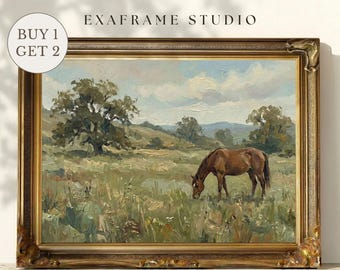 May include: A framed landscape painting depicts a brown horse grazing in a field. The artwork features a detailed scene with trees, hills, and a cloudy sky. The frame is ornate with gold accents. Text on the image reads "EXAFRAME STUDIO" and "INSTANT PRINTABLE WALL ART."