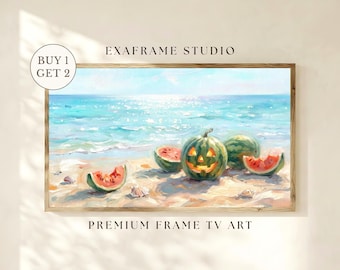 Cuadro decorativo Summerween con diseño de calabaza de calabaza y sandía, pintura espeluznante de playa costera para Halloween, decoración para Samsung Frame TV (descarga digital)