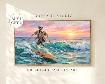 Summerween Halloween Surfing Skeleton Frame TV Art / Retro Speye Summer Beach Sunset Painting Samsung Frame TV Descarga digital instantánea
