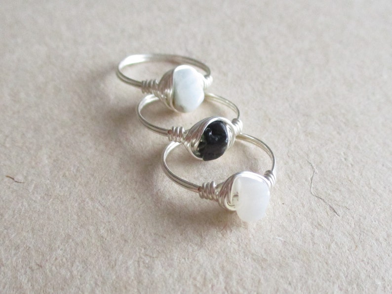 size 4 14 chip bead Moonstone tourmaline set of 3 amazonite gemstone silver copper wire wire wrapped rings