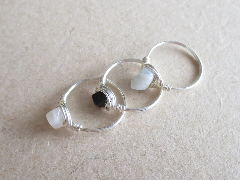 size 4 14 chip bead Moonstone tourmaline set of 3 amazonite gemstone silver copper wire wire wrapped rings