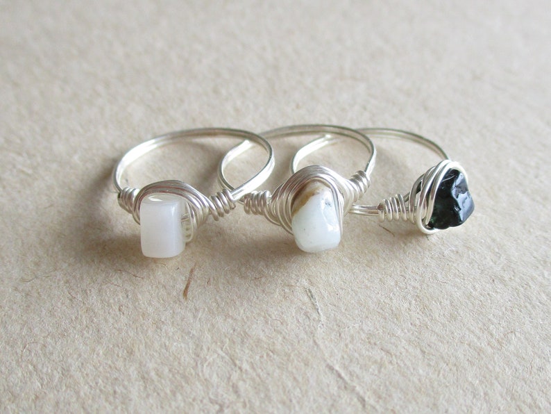 size 4 14 chip bead Moonstone tourmaline set of 3 amazonite gemstone silver copper wire wire wrapped rings