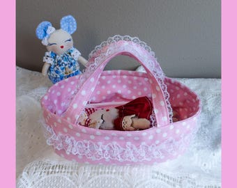 Pink Polka Dot Baby Doll Bassinet, Lace Trimmed Oval Carrier for Stuffy under 8.5"