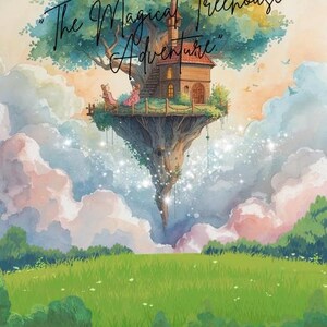 Pode incluir: Ilustração em aquarela de uma casa na árvore caprichosa flutuando no céu, com o título "The Magical Treehouse Adventure". A obra apresenta um prado verde vibrante, nuvens fofas e uma casa na árvore detalhada.