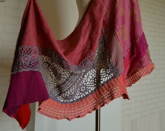 Womens knit eco shawl cape,magenta shabby wrap,upcycled patchwork shawl,artsy boho shawl,rustic custom cover shoulders,cotton recycled cover