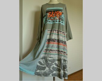 Women's loose gray recycled dress 2 XL cotton patchwork plus size  unique artsy knitwear dress