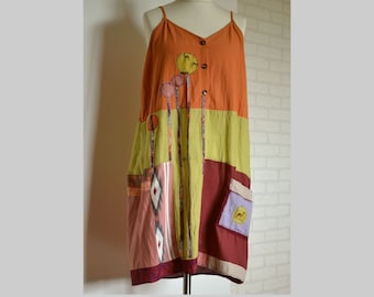 Women's summer boho recycled patchwork dress XL straps unique artsy loose cotton lemon orange lagenlook dress with pocket