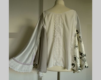 Women's patchwork oversize white gray poncho elegant summer covering shoulder, recycled boho cape, asymmetrical poncho