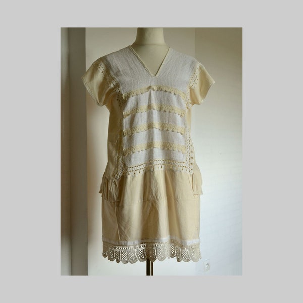 Women's summer boho dress cotton linen recycled dress short sleeves size L/XL ecru eco friendly artsy unique dress,holiday dress