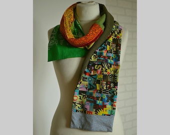 Double-sided scarf patchwork cotton, unique artsy green scarf, idea gift for her, boho scarf, upcycled scarf, custom recycled scarf