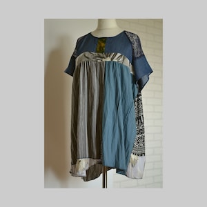 Patchwork loose blue dress, boho lagenlook dress, recycled dress size XL/2XL, funky upcycled dress, rustic dress with short sleeveless