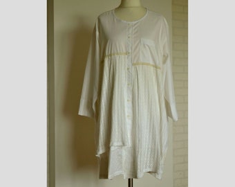 White plus size dress recycled patchwork shabby chic loose cotton eco women's dress size 2XL/3XL