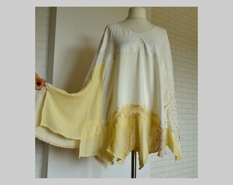 Women's patchwork knitwear poncho recycled cotton linen plus size ecru pastel yellow  elegant eco poncho boho oversize artsy unique cape