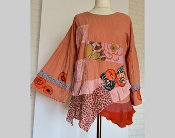 Women's boho hippie recycled cotton tunic size L, artsy unique pastel salmon tunic, funky recycled tunic