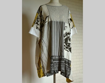 Plus size patchwork cotton linen recycled dress tunic boho gray black 3XL 4XL