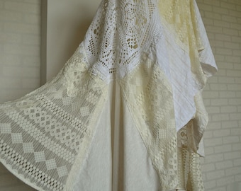 Custom white-ecru lace wedding cape, upcycled unique artsy patchwork shawl for special occasions, shabby cotton shoulder wrap, gift for her