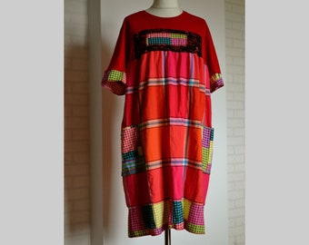 Red upcycled patchwork cotton plus size women's 2XL, boho refashioned dress with pockets and short sleeves, checke dress