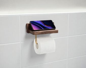 Walnut Toilet Paper Holder Wall Mount with Shelf Wooden Tissue Paper Roll Holder with Brushed Brass Bar for Bathroom Washroom