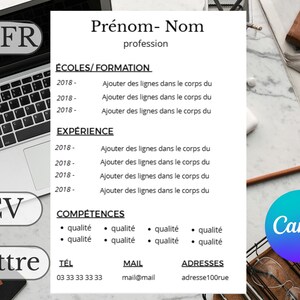 May include: A resume template in French, with sections for education, experience, and skills. The document includes the text "CV. FR" and "1. CV" in the image. A laptop and other office supplies are visible in the background.