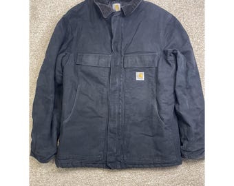 Vintage 90s Carhartt Chore Coat Jacket – Black, Size L Tall, Distressed Workwear