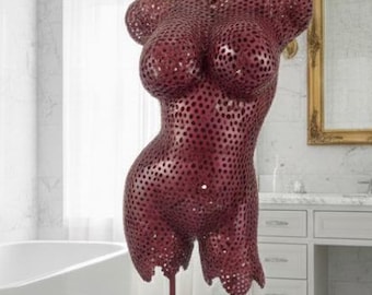 Female torso sculpture made of steel nuts, Red figurine on a stand, human figure mannequin