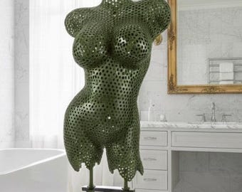 Olive Green Steel Nut Female Torso Sculpture, Industrial Art
