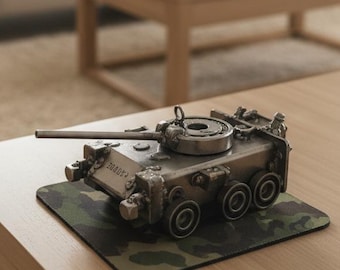 Handmade Steel Tank Sculpture, Movable Turret, Military Decor