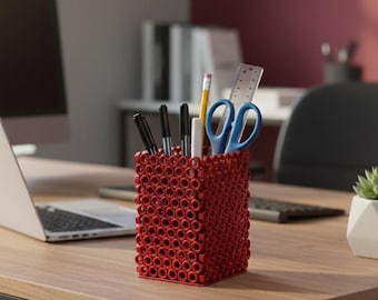 Red Handmade Steel Desk Organizer Cell Phone Pen Holder