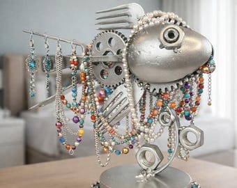 One of a Kind Metal Fish Jewelry Holder, Industrial Steel Art, Unique Metal Sculpture