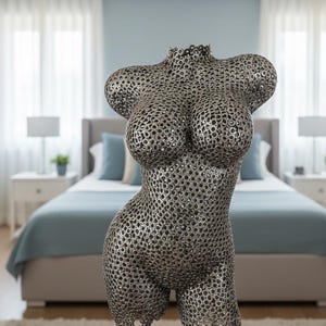 A torso sculpture made from steel nuts is a custom steel statue on a stand