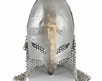 Hand-Forged Steel Knight Helmet with Chainmail – Medieval Reenactment Decor Gift