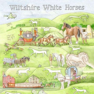 May include: A colorful illustration of white horses carved into hillsides in the English countryside. The illustration includes the names of the locations of the horses, such as Uffington, Cherhill, and Alton Barnes. The illustration also includes a variety of other details, such as a helicopter, a horse-drawn carriage, and a tank.