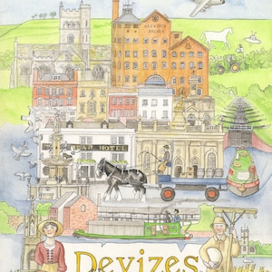 May include: A watercolor illustration of the town of Devizes, England. The illustration features a variety of buildings, including a church, a brewery, and a hotel. There are also several people and animals in the illustration, including a horse-drawn carriage, a boat, a bird, and a rabbit. The text "Devizes" is written in large, yellow letters at the bottom of the illustration.