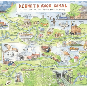 May include: A colorful illustrated map of the Kennet & Avon Canal, showing its 87 miles and 105 locks between Bristol and Reading. The map features various landmarks, wildlife, and historical details along the canal route.