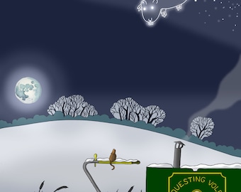 Può includere: Una barca verde con un cartello che recita "QUESTING VOLE SEEND" è ormeggiata in un paesaggio innevato. Un piccolo topo marrone è seduto su una ringhiera di metallo sulla barca. Il cielo notturno è blu scuro con una luna brillante e una costellazione a forma di topo.