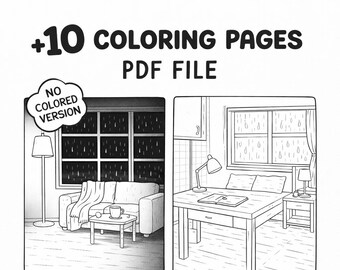 Cozy Rainy Interiors Coloring Pages | Minimal Black & White Adult Coloring Book | Printable PDF | Relaxing Calm Aesthetic