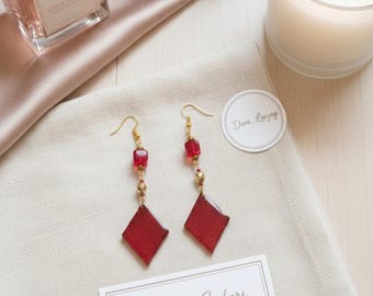 Dangling Embers | Red Diamond Shaped Pendant Earrings | Red and Gold Accent Beads